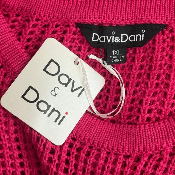 Davi & Dani Star Front Hot Pink Crochet Drop Shoulder Knit Top, NEW! Size 1XL - Picture 5 of 7